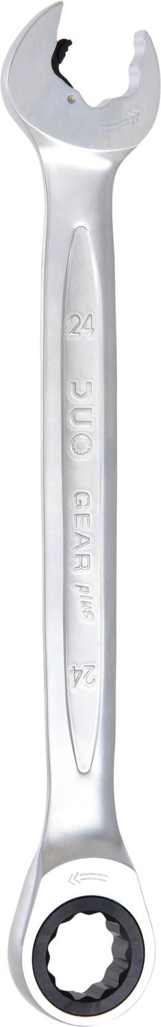 Ein silberner Schraubenschlüssel mit Ratschenfunktion. Oben offene Gabel, unten kreisförmiges Ratschenende. Markierung '24'.
