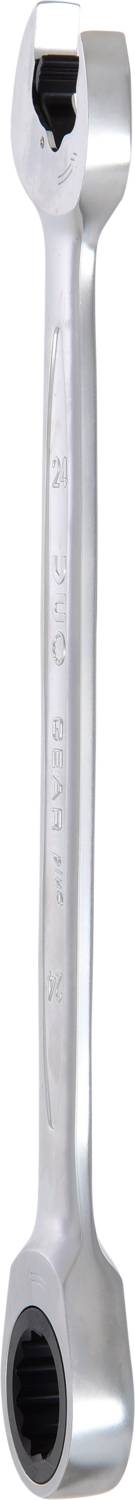 Ein silberner Ringschlüssel mit zwei unterschiedlich großen, offenen Enden zur Befestigung von Schrauben oder Muttern.