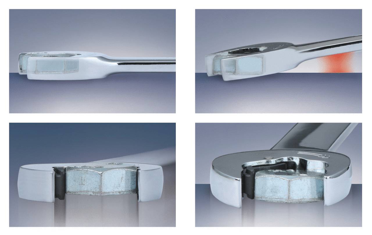 Vier Bilder eines Schraubenschlüssels aus verschiedenen Perspektiven, die Details der Metallkonstruktion und des Designs zeigen.