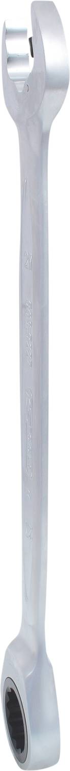 Ein silberner Ringschlüssel mit einem offenen Ende und einem Ringschluss, geeignet zum Lösen oder Festziehen von Schrauben.