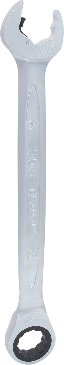 Ein silberner Schraubenschlüssel mit einer offenen und einer Ringschlüssel-Seite, beide in Metall gefertigt.