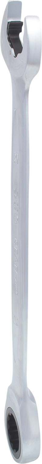 Ein silberner Ringschlüssel mit zwei unterschiedlich großen Enden zum Festziehen oder Lösen von Schrauben und Muttern.