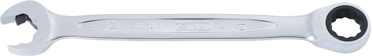 Maulschlüssel mit Ratschenfunktion, silbern, zeigt offene Ringseite links und geschlossenen Ratschenkopf rechts.