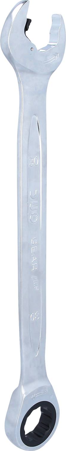 Ein silberner Schraubenschlüssel mit offener und ringförmiger Seite, geeignet für mechanische Arbeiten oder Reparaturen.