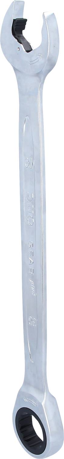 Ein silberner Schraubenschlüssel mit offenem Ende und Ringschlüssel am anderen Ende, zum Festziehen oder Lösen von Schrauben und Muttern.