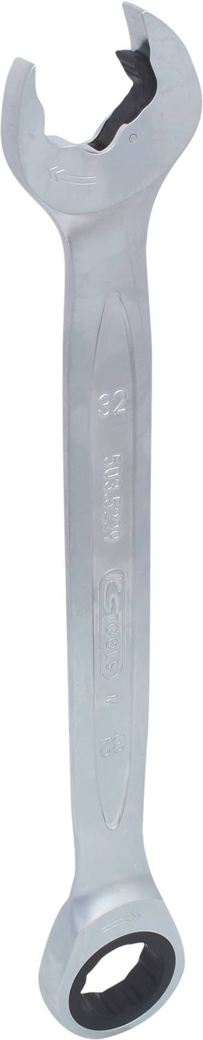 Ein silberner Schraubenschlüssel mit einer offenen und einer ringförmigen Seite, geeignet für verschiedene Schraubarbeiten.