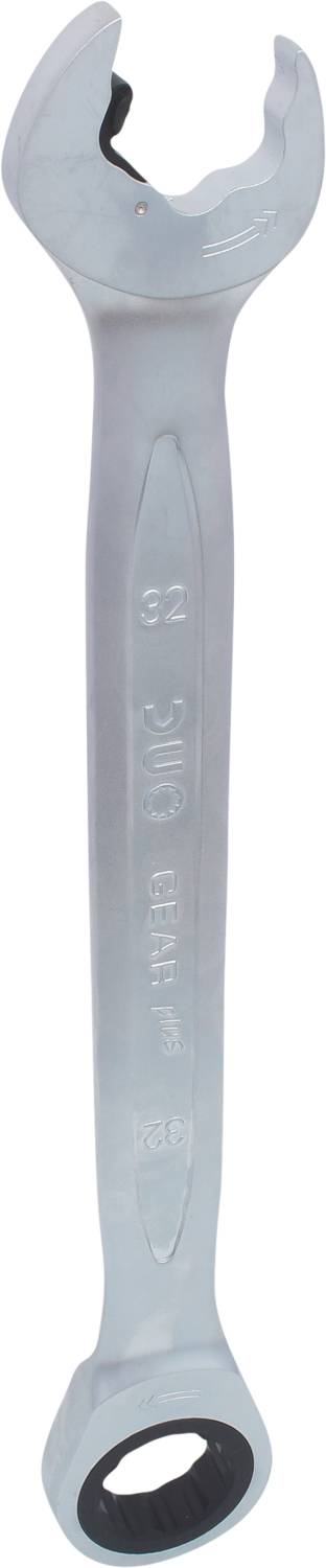 Ein silberner Doppelmaulschlüssel mit einem offenen und einem Ringschlüsselende, geeignet zur Befestigung oder Lösung von Schrauben.