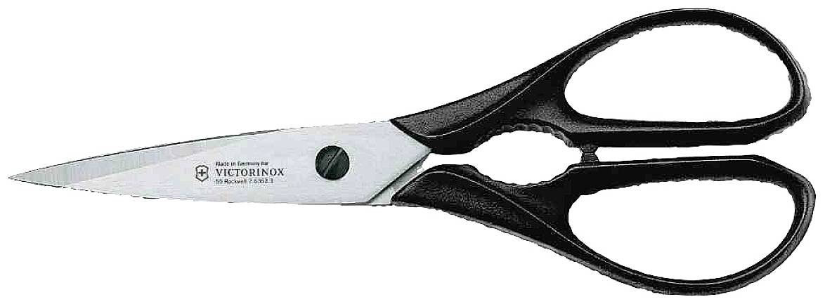 Schere mit schwarzen Griffen und silbernen Klingen, auf der 'Victorinox' steht. Geeignet für den allgemeinen Haushaltseinsatz.
