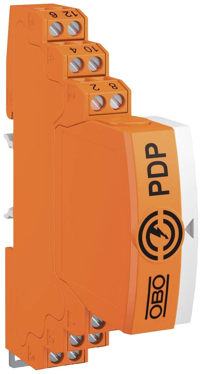Ein orangefarbenes elektrisches Schutzmodul der Marke OBO, Modell PDP, mit vier Anschlusspunkten oben.