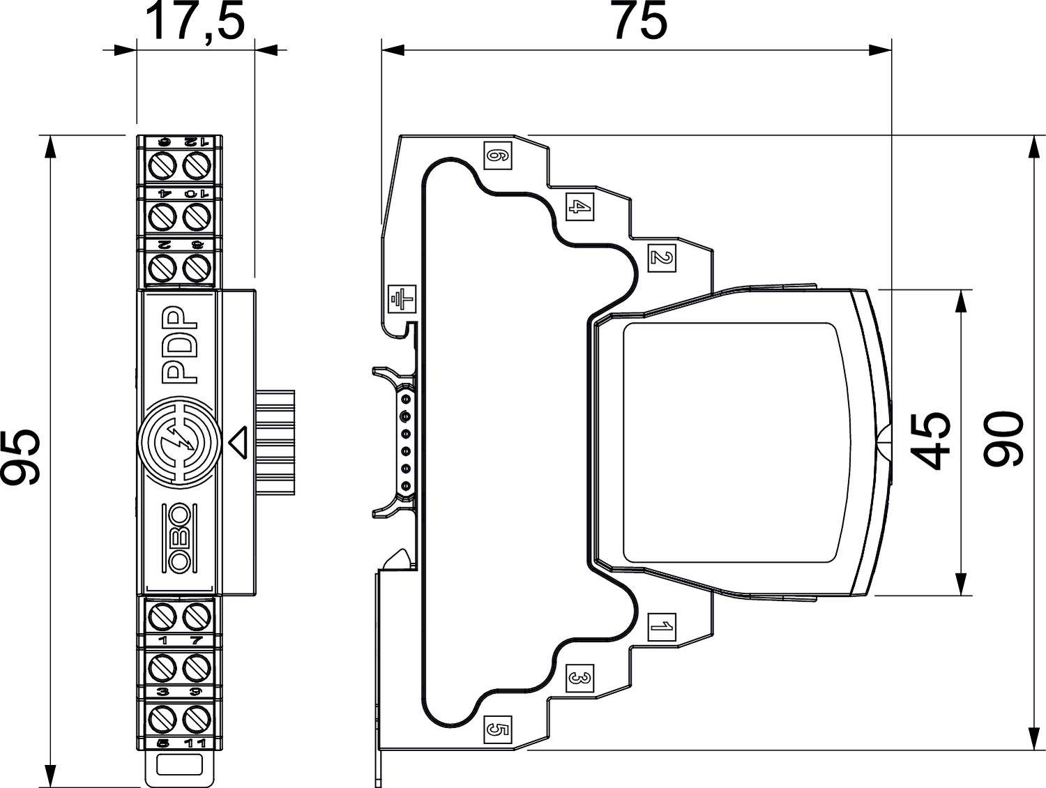 Technische Zeichnung eines elektrischen Schaltgeräts mit Abmessungen: 17,5 mm Breite, 95 mm Höhe links, 90 mm rechts und 75 mm Tiefe.