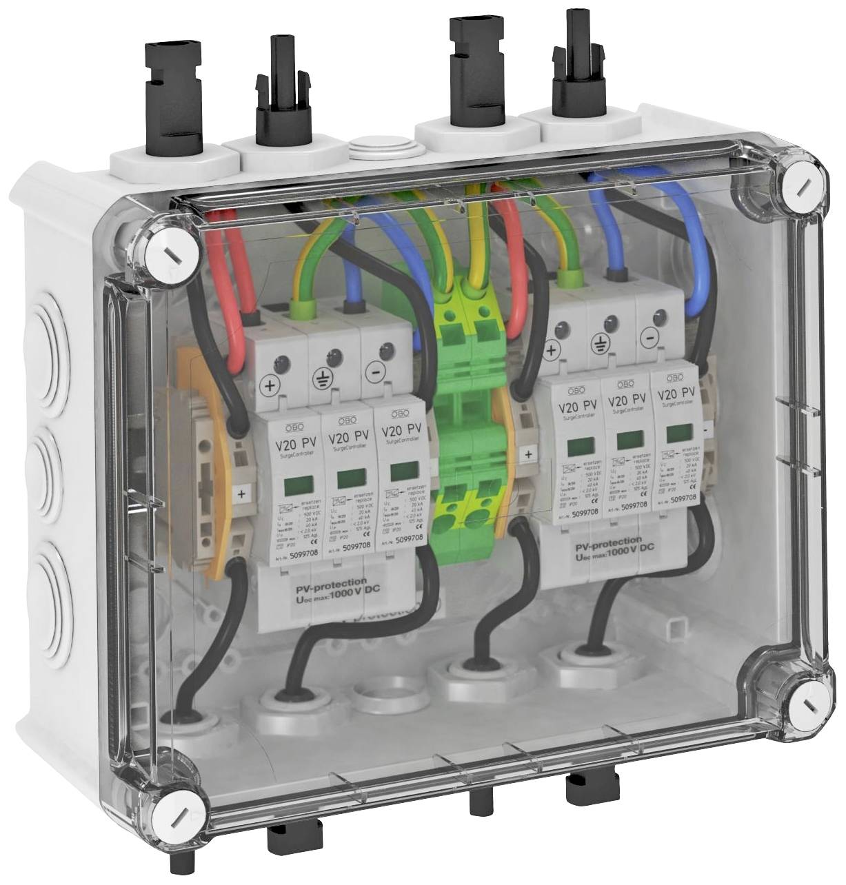 Ein transparenter Elektrokasten zeigt drei parallel geschaltete Sicherungen mit farbigen Kabeln. Jede Sicherung ist mit 'V20 PV' gekennzeichnet.