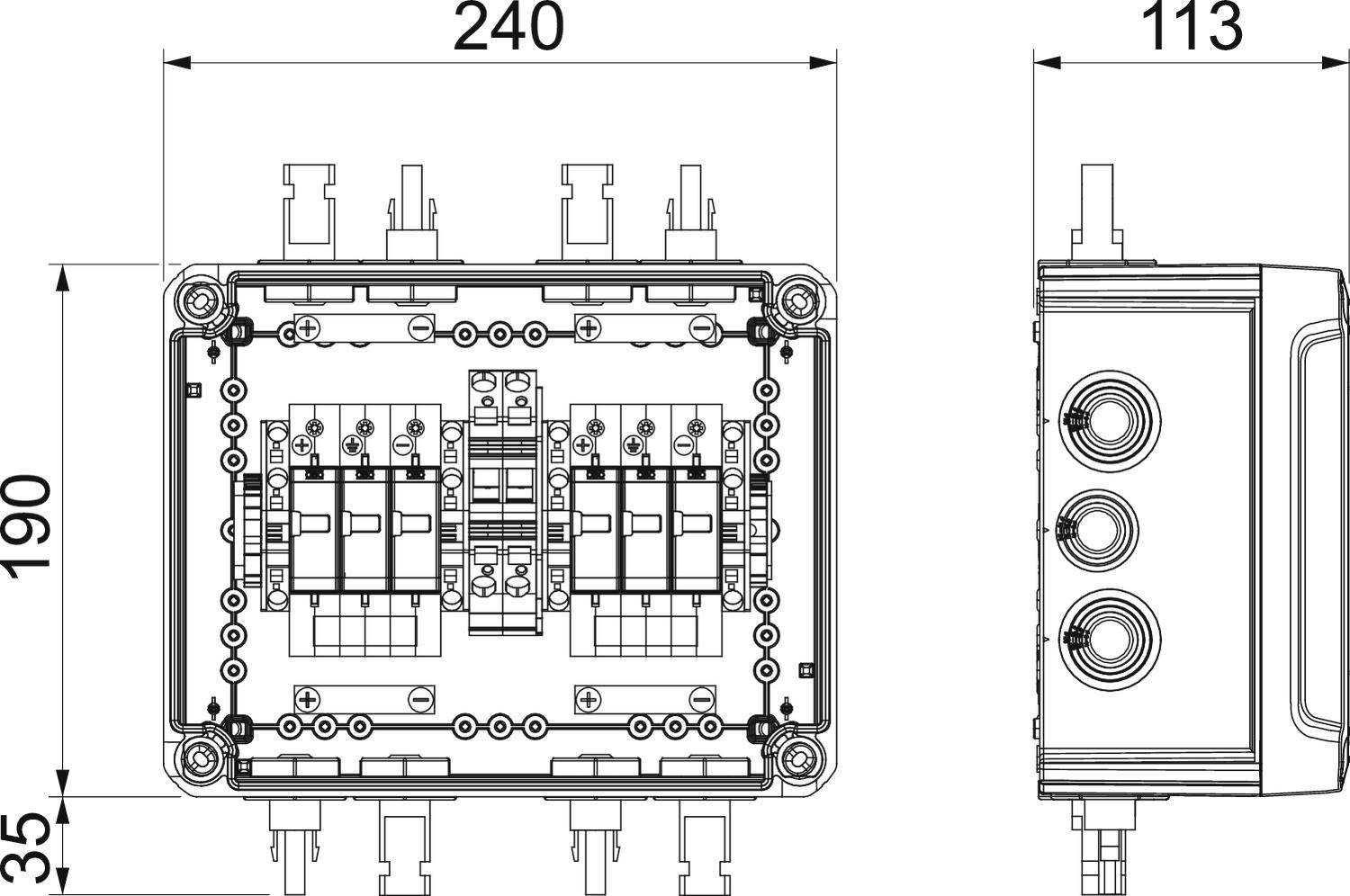 Elektrischer Schaltkasten, Vorder- und Seitenansicht mit Maßen: 240 mm x 190 mm und 113 mm Tiefe. Zeigt interne Schaltungsdetails.