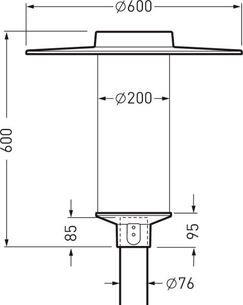 Abbildung eines zylindrischen Außenleuchten-Designs mit Maßen: Gesamthöhe 600 mm, Durchmesser oben 600 mm und unten 200 mm.