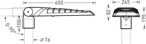 Technische Zeichnung eines Zauntoreschließers mit Abmessungen: Länge 650 mm, Höhe 195 mm, Einstellbereich 0-90 Grad, Durchmesser 76 mm.