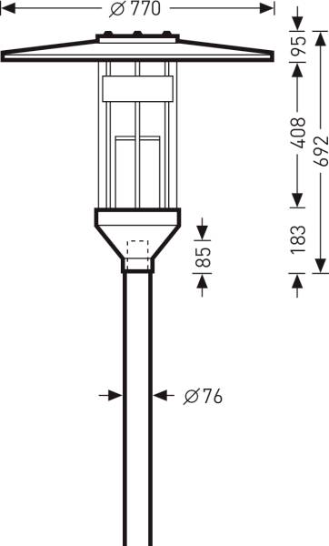 Technische Zeichnung einer Straßenlaterne mit Maßen: Höhe der Lampe 692 mm, Gesamthöhe 185 mm, Breite 770 mm.