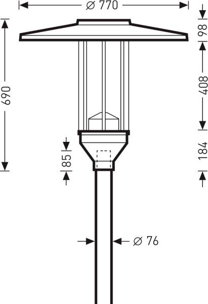 Technische Zeichnung einer Straßenlaterne mit Maßen: Gesamthöhe 690 mm, Lampenschirm Ø 770 mm, Sockeldurchmesser 76 mm.