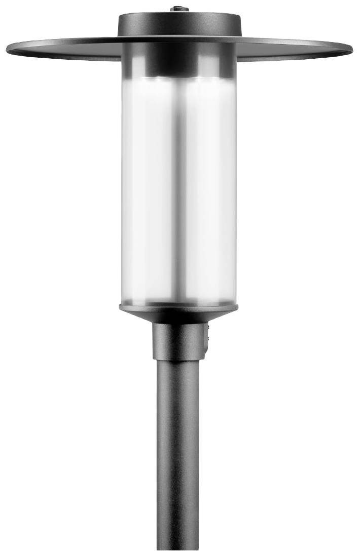 Eine moderne, schwarze Außenstehleuchte mit zylindrischem Glas, geeignet für Garten- oder Wegbeleuchtung.