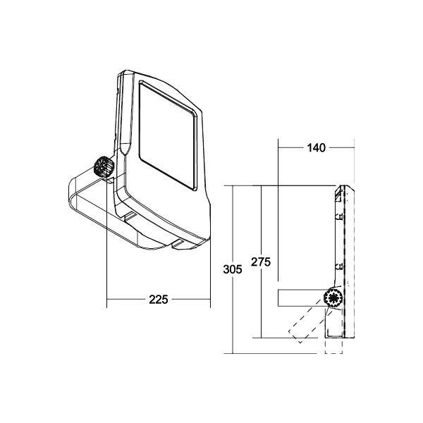 Technische Zeichnung einer Lampe mit Maßen: Breite 225 mm, Tiefe 140 mm, Höhe 275 mm. Seitenansicht zeigt einstellbaren Neigungswinkel.