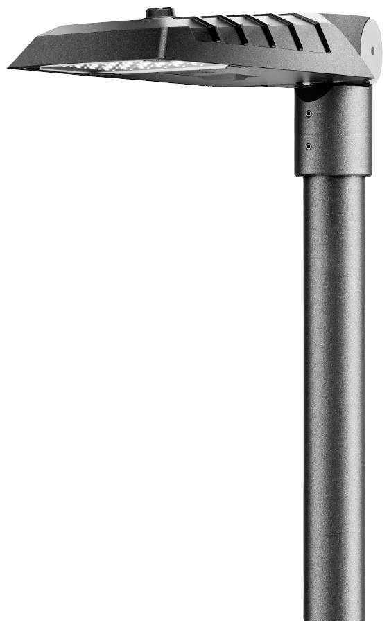 Eine moderne Straßenlaterne mit LED-Leuchte, montiert auf einem schlanken, silbernen Mast. Sie bietet energiesparende Beleuchtung.