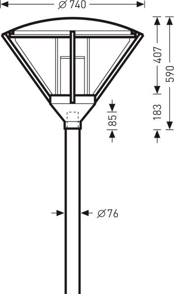 Technische Zeichnung einer Straßenlaterne mit Maßen: Gesamthöhe 851 mm, Lampenschirmdurchmesser 740 mm, Mastdurchmesser 76 mm.