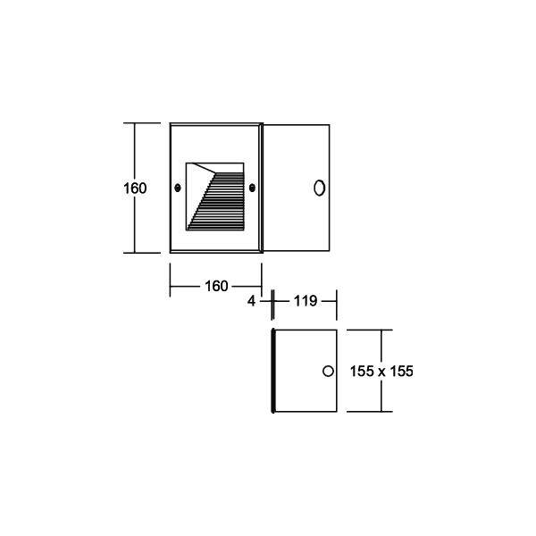 Technische Zeichnung einer quadratischen Wandlampe: Maße oben 160x160, Seitenansicht Breite 4, Frontansicht Lichtaustritt, 155x155.