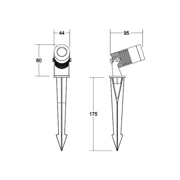 Technische Zeichnung eines Erdspießstrahlers mit Abmessungen: Kopf 44x95 mm, Gesamthöhe mit Spieß 175 mm, Spießlänge 80 mm.