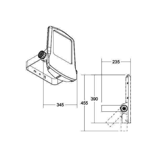 Diagramm eines rechteckigen Scheinwerfers mit Maßen: Breite 345 mm, Höhe 455 mm, Tiefe 235 mm.