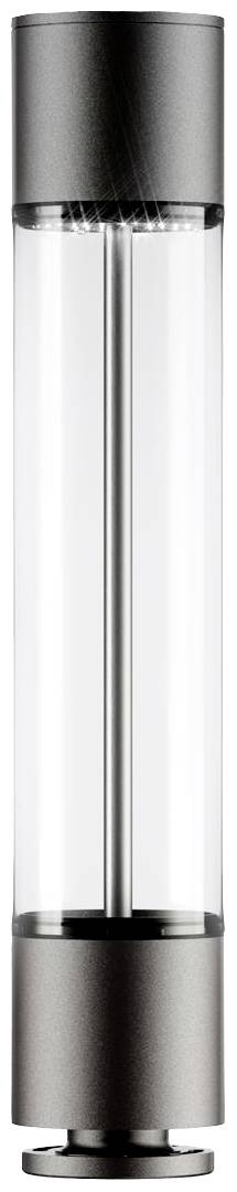 Transparente Glasflasche mit silbernen Metallkappen oben und unten, zylindrische Form, modern und minimalistisch gestaltet.