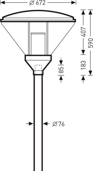 Technische Zeichnung einer Straßenlaterne mit Abmessungen: Höhe 851 mm, Durchmesser 672 mm, Mastdurchmesser 76 mm.