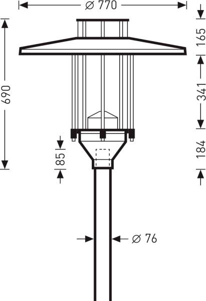 Technische Zeichnung einer Straßenlaterne mit Abmessungen: Höhe 690 mm, Breite 770 mm, Mastdurchmesser 76 mm.