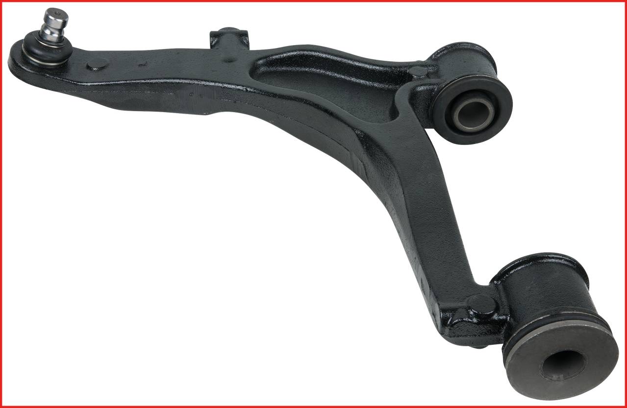 Ein schwarzer Querlenker aus Metall, Teil eines Fahrwerks; wichtig zur Stabilisierung und Lenkung eines Fahrzeugs.