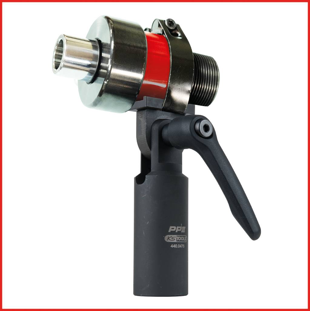 Ein hydraulisches Drehwerkzeug mit schwarzem Griff und silbernen Metallteilen, positioniert vor einem weißen Hintergrund.