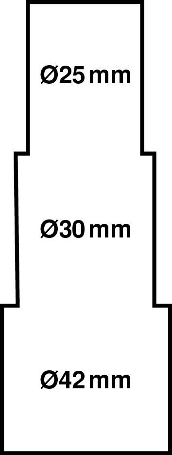 Diagramm mit drei übereinander liegenden Abschnitten: oben Ø25 mm, Mitte Ø30 mm, unten Ø42 mm.