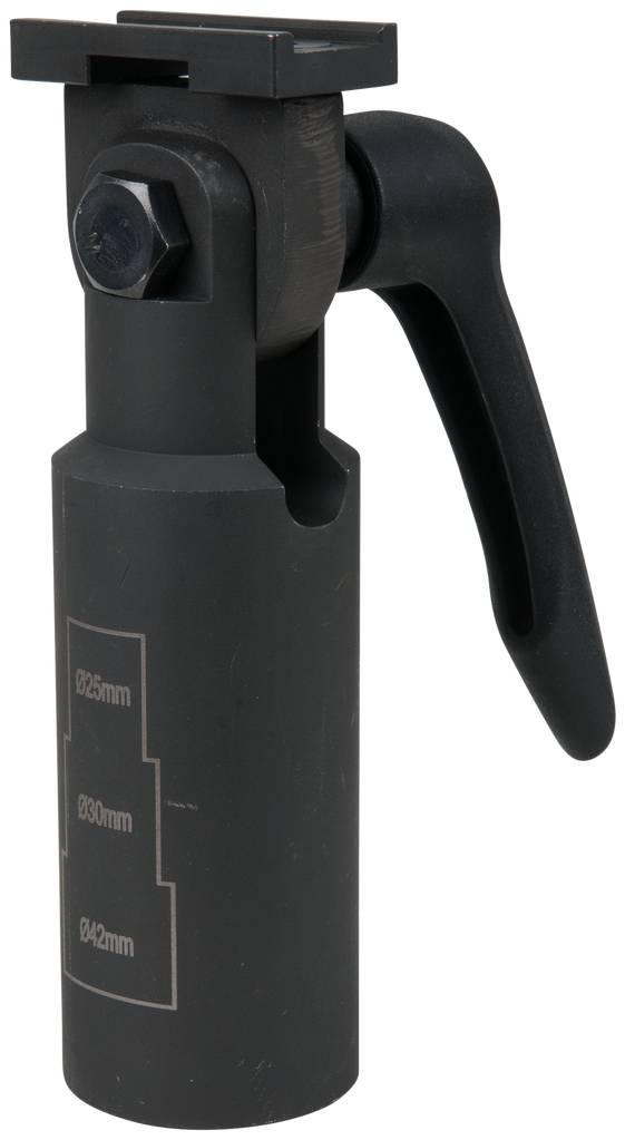 Ein schwarzer Adapter für Fahrradgabeln, mit Hebel und markierten Längen: 625mm, 630mm, 642mm.