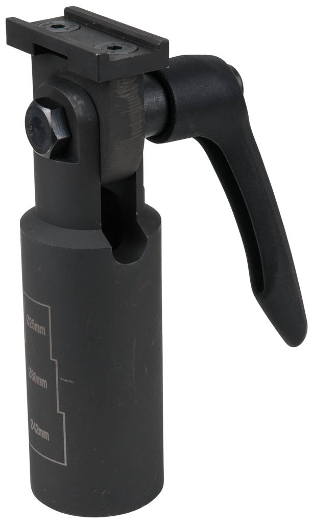 Ein schwarzes Fahrrad-Sattelstützen-Klemmwerkzeug mit Hebel zur Verstellung.