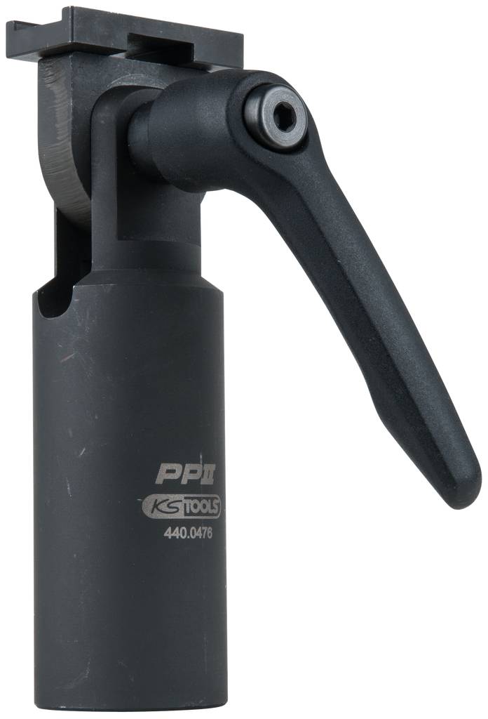 Ein schwarzer Werkzeugadapter mit Hebel und Rundkopf, der an einer Maschine befestigt wird. Markierung: 'PP II KS TOOLS 440.0476'.