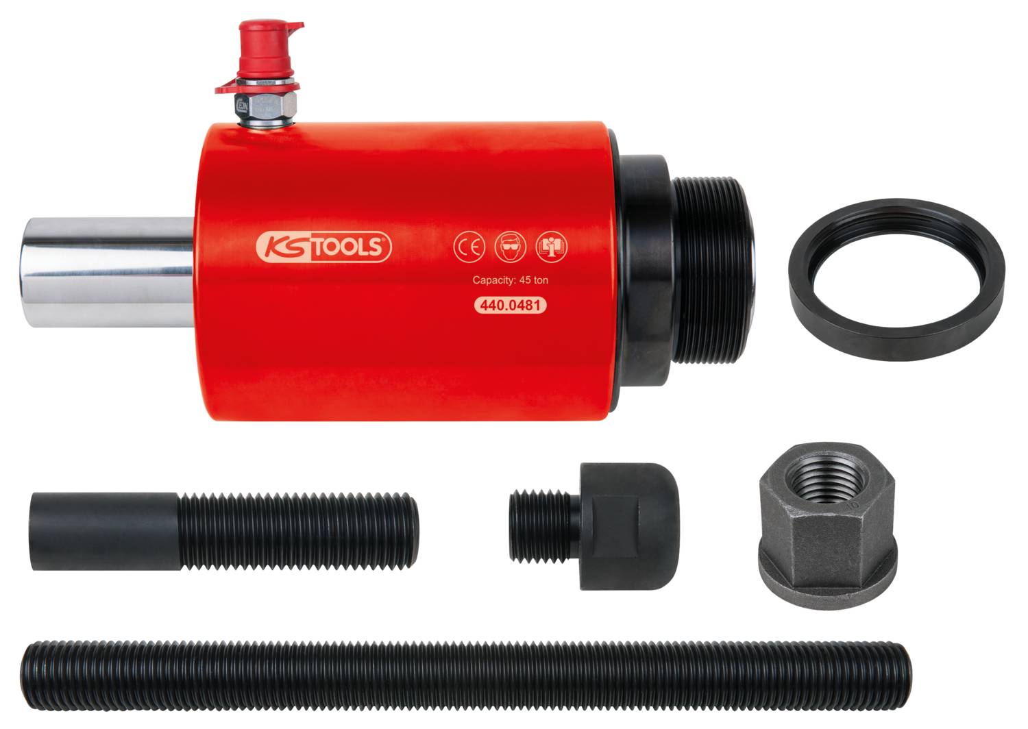 Hydraulischer Zylinder und Zubehör. Roter Zylinder mit 'KS TOOLS' Logo, zwei Schrauben, Dichtung und Mutter. Kapazität: 45 Tonnen.