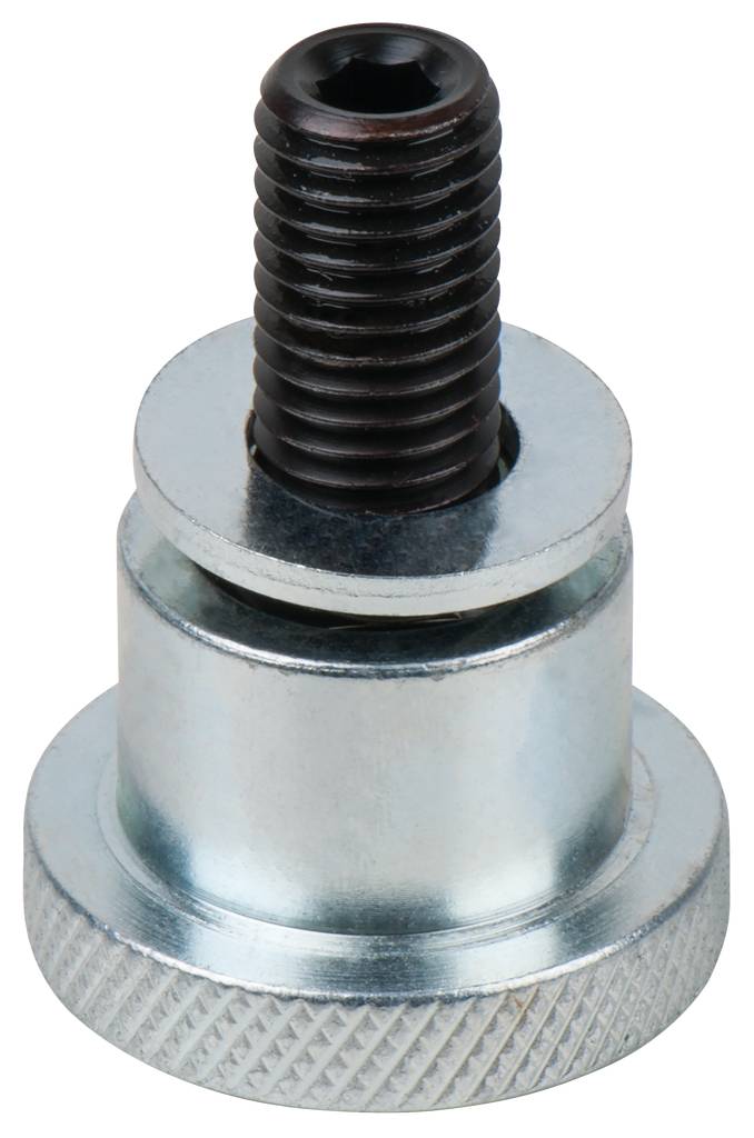 Metallischer Spannzapfen mit geriffeltem Rand und Gewinde oben. Verwendet zur sicheren Befestigung oder Ausrichtung von Maschinenkomponenten.