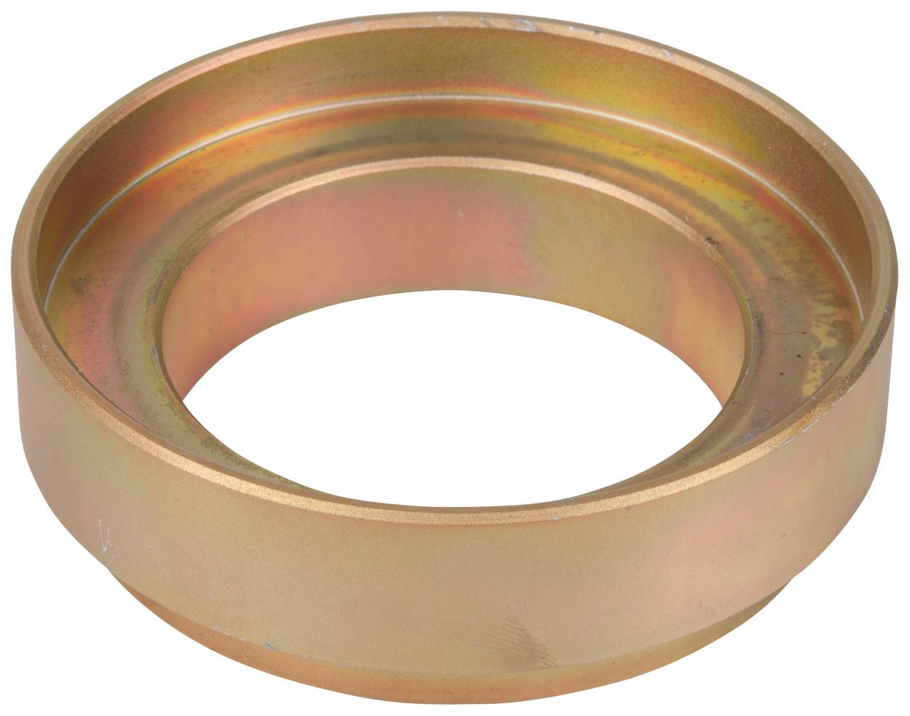 Ein metallischer Ring, vermutlich ein Bauteil oder Werkzeugteil, aus glänzendem Material mit leichtem Farbverlauf an der Oberfläche.
