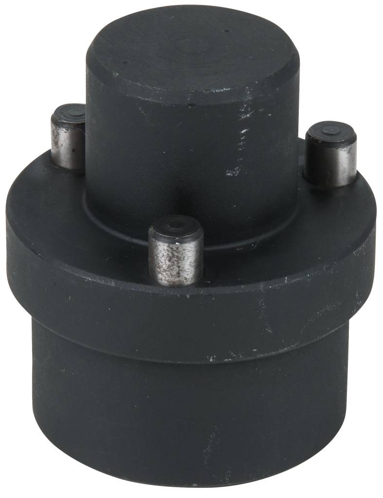Ein schwarzer, zylindrischer Mechanikadapter mit mehreren hervorstehenden Elementen, wahrscheinlich Teil eines Maschinenbauteils.