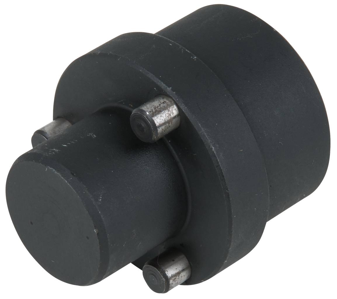 Ein schwarzes Maschinenteil aus Metall mit zylindrischer Form und zwei kleinen herausstehenden Stiften an den Seiten.