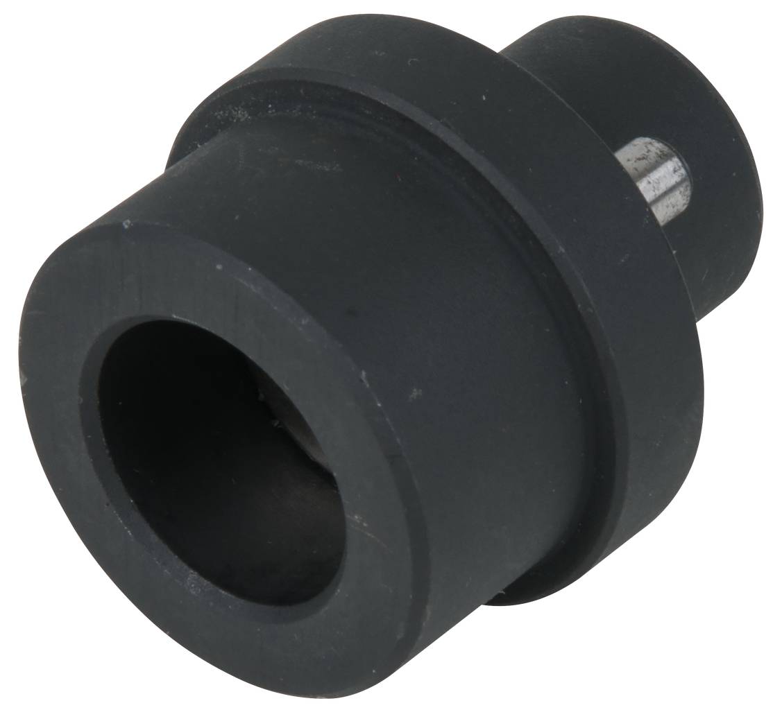 Ein zylindrisches schwarzes Metallteil mit einer hohlen Öffnung und einem hervorstehenden Pin, möglicherweise ein mechanisches Bauteil.