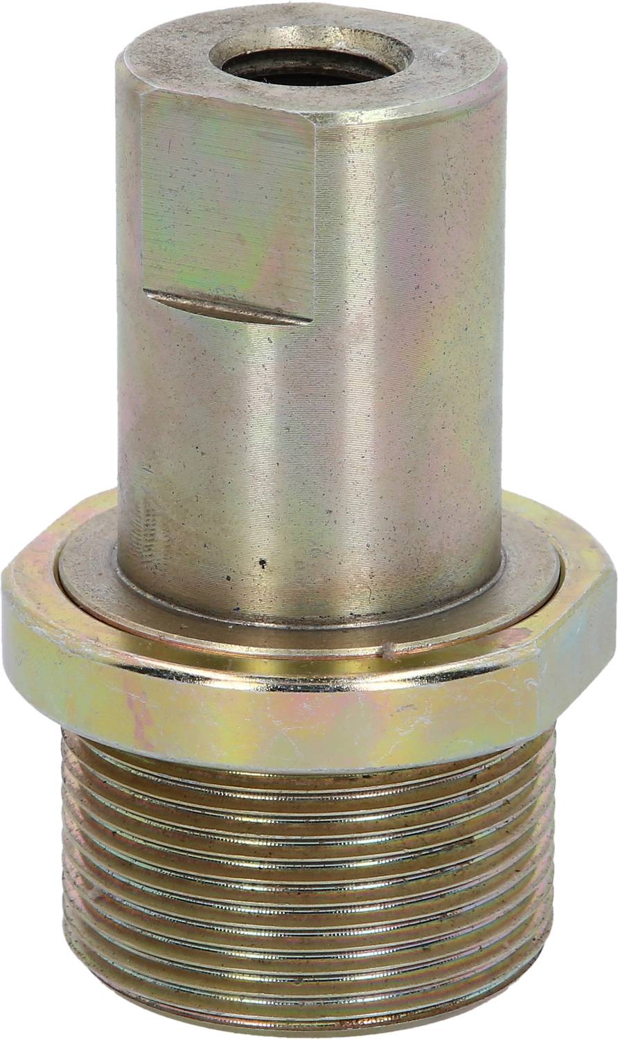 Metallischer Zylinder mit Außengewinde am unteren Ende und glatter Oberfläche, wahrscheinlich ein technisches Bauteil.