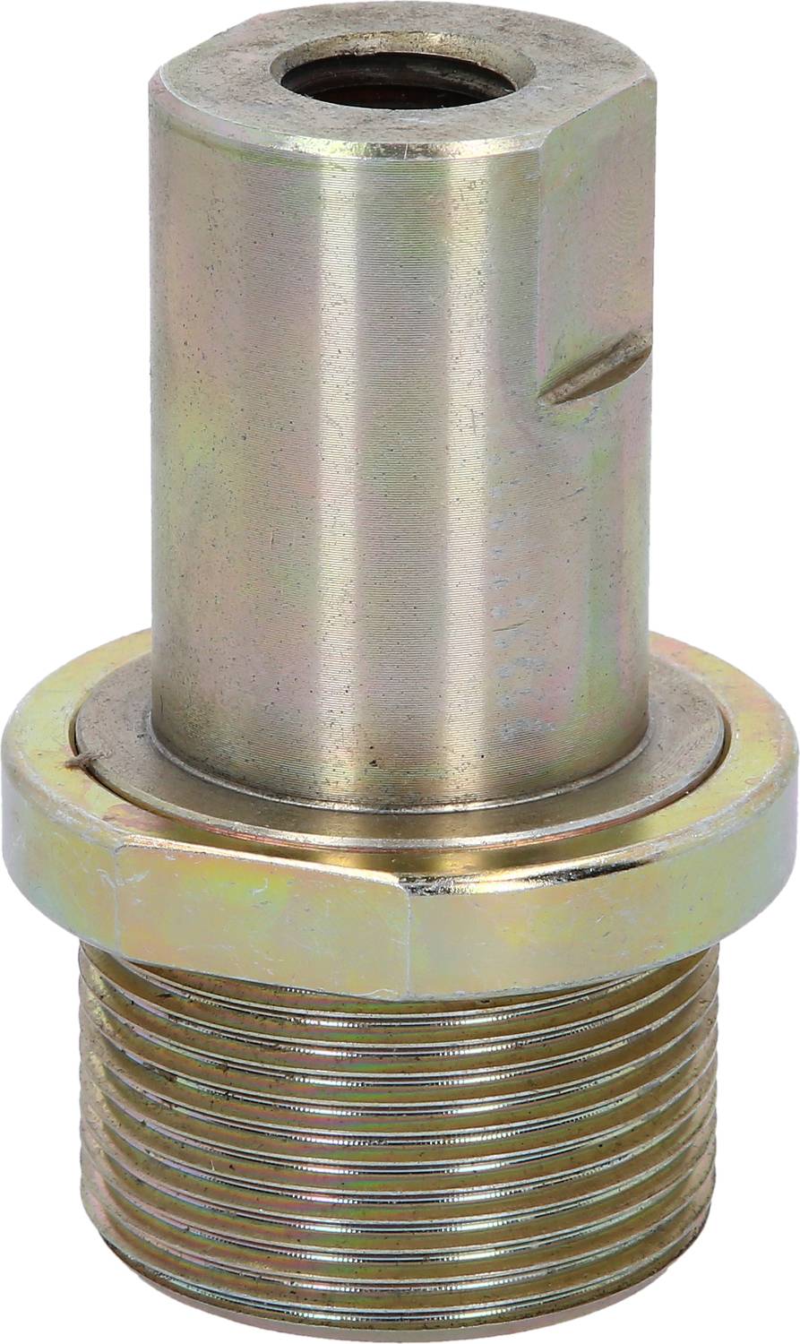 Ein metallischer Zylinder mit Gewinde an einem Ende, wahrscheinlich ein Maschinenteil oder eine Schraubkomponente.