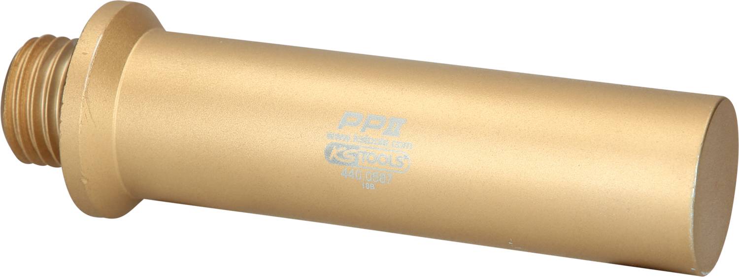 'Goldener Rohrverbinder mit Außengewinde rechts, mattierte Oberfläche. Beschriftung mit 