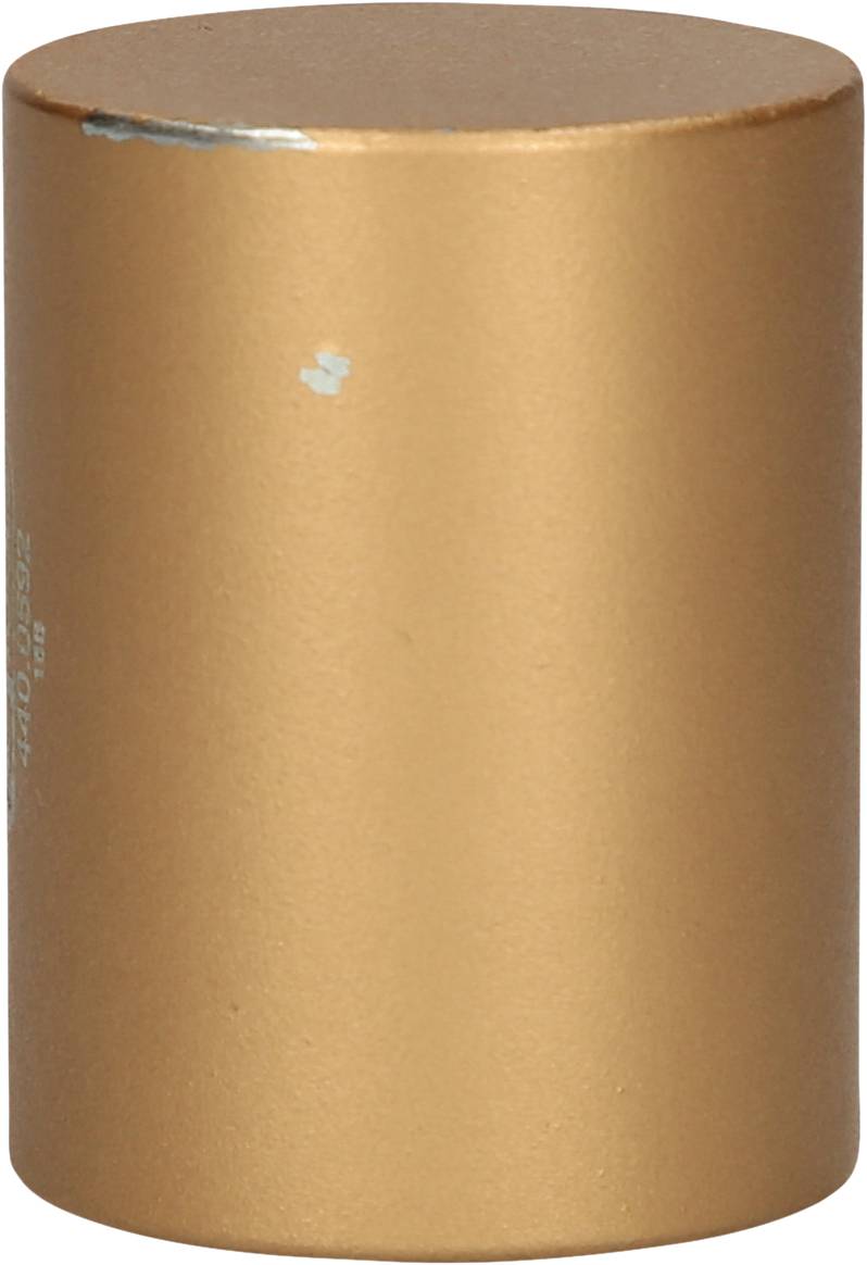 Zylindrischer, goldfarbener Deckel, ohne sichtbare Markierungen oder Logos, isoliert vor weißem Hintergrund.