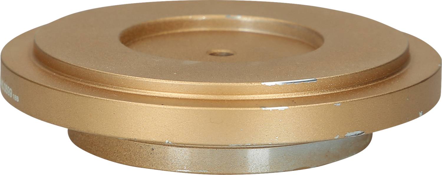 Eine runde, flache, goldfarbene metallische Scheibe mit einem kleinen erhabenen Rand und einer Vertiefung in der Mitte.