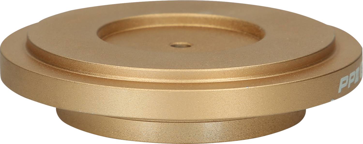 Runder, goldfarbener metallischer Plattenspieler-Gewichtsstabilisator mit flacher Oberseite und zylindrischem Rand.