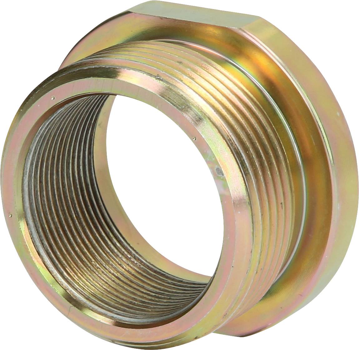Metallisches sechseckiges Rohrgewinde-Adapter, goldfarben, zeigt Innen- und Außengewinde. Verwendung für Rohrverbindungen.