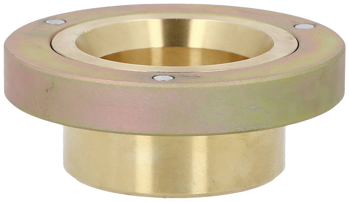 Metallische Lagerbuchse mit zylindrischer Form und rundem Flansch. Hauptsächlich aus Messing, zeigt Glanz und industrielle Anwendung.